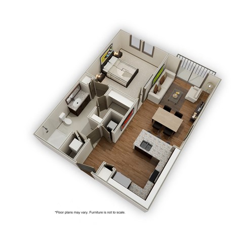 Floor plan for 1 bed, 1 bath, 672 sqft